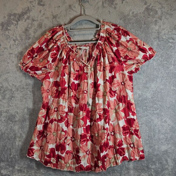 Croft & Barrow Floral Red Pink Peasant Blouse drawstring Womens L Feminine - Picture 1 of 11